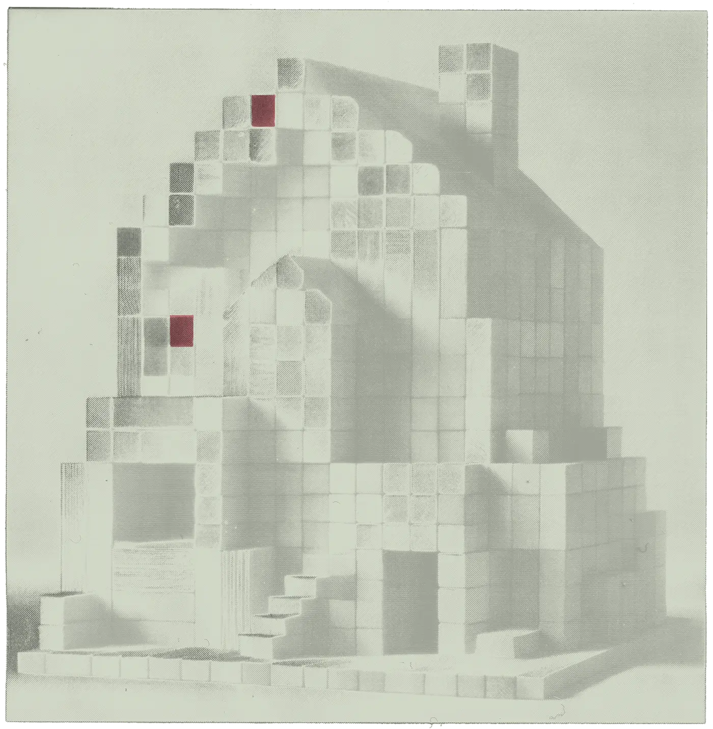 a pencil sketch of a large house with a chimney, stairs, and multiple doorways built with many small blocks. two blocks are red.